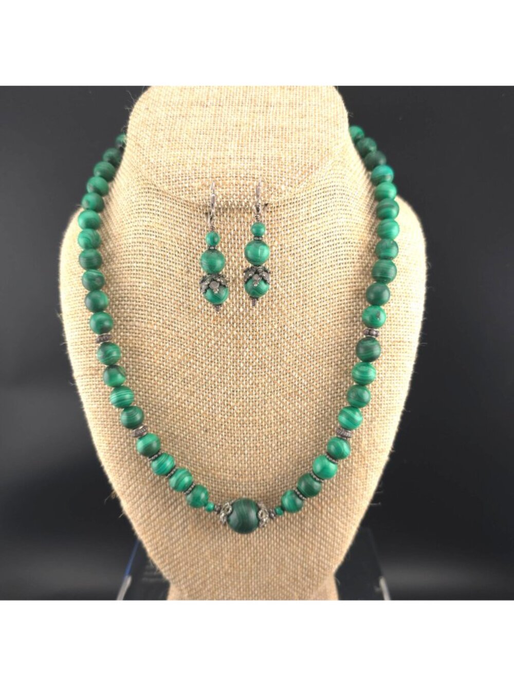 Vintage Malachite Beaded Necklace Earrings Set Sterling Silver 19 inches - Picture 4 of 8